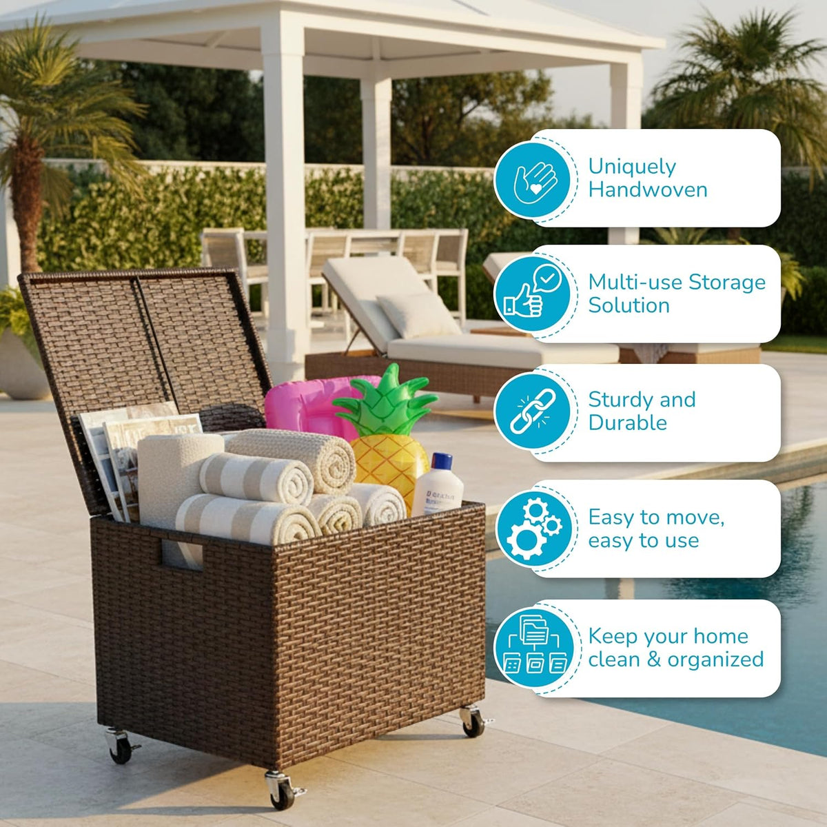 birdrock home rattan rolling storage box with lid, side view