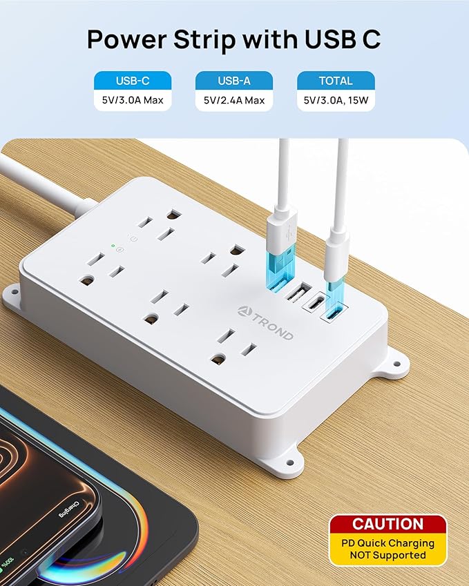 TROND Power Strip with USB, 10ft Extension Cord Surge Protector, 5 Widely - Image 3