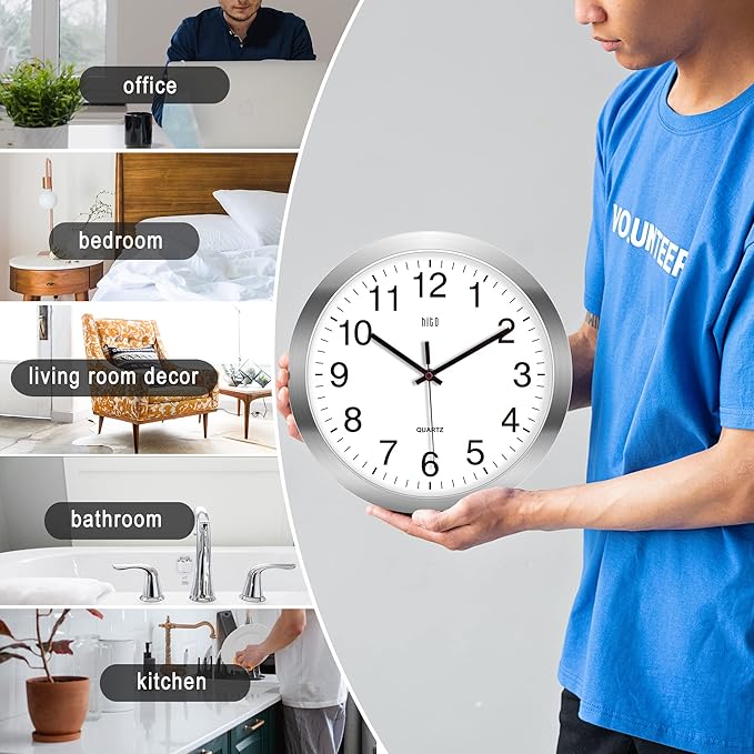 HITO 12 Inch Silent Wall Clock Battery Operated Non Ticking Glass Cover Silver - Image 6