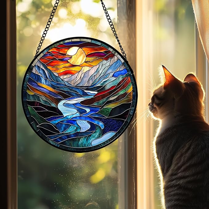 AMDERVEN Stained Glass Window Hanging, Canyon Mountains Sunset View Sun Catcher - Image 2