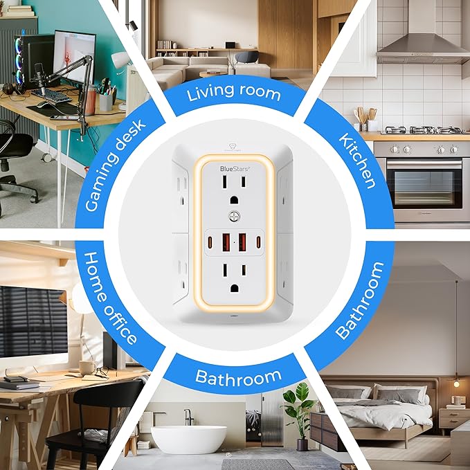 Wall Mount Power Strips Wall Charger 6 Outlet Extender 4 USB Ports and Night - Image 11