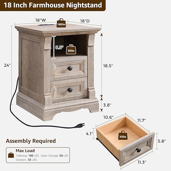 Farmhouse Nightstand with Charging Station, Wooden Side Table w/Roman Column - Image 2