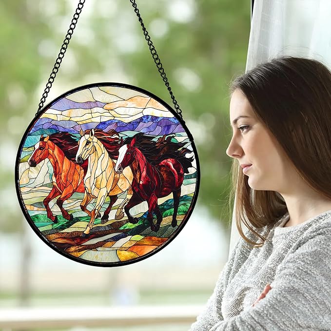 DASTOLL Stained Glass Window Hanging, Colorful Landscape Running Horse - Image 4