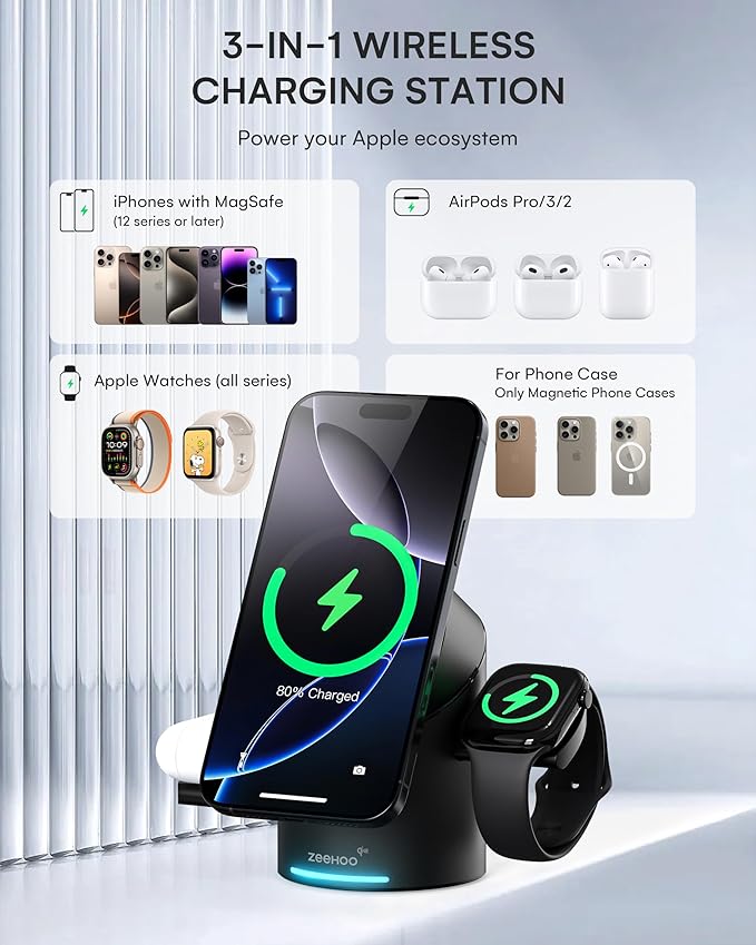 ZEEHOO 3 in 1 Charging Station for Apple Devices, Mag-Safe Charger Stand - Image 4