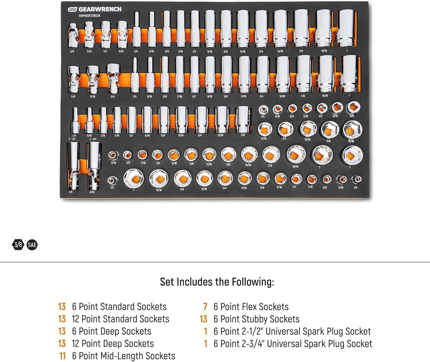 GEARWRENCH 85 Piece 3/8” Drive Master SAE Socket Set in Foam Storage Tray - GWMSSKT38SAE