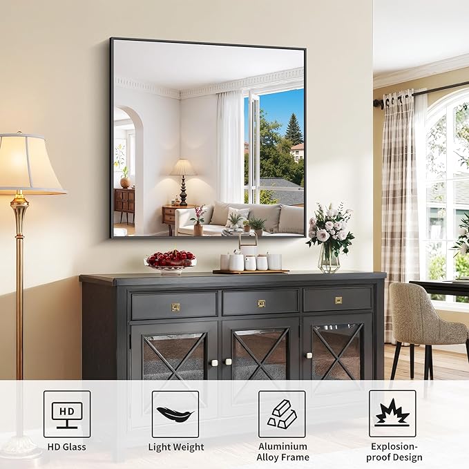 Black Bathroom Mirror for Wall, 39x39 Inch Rectangle Mirror - Image 3