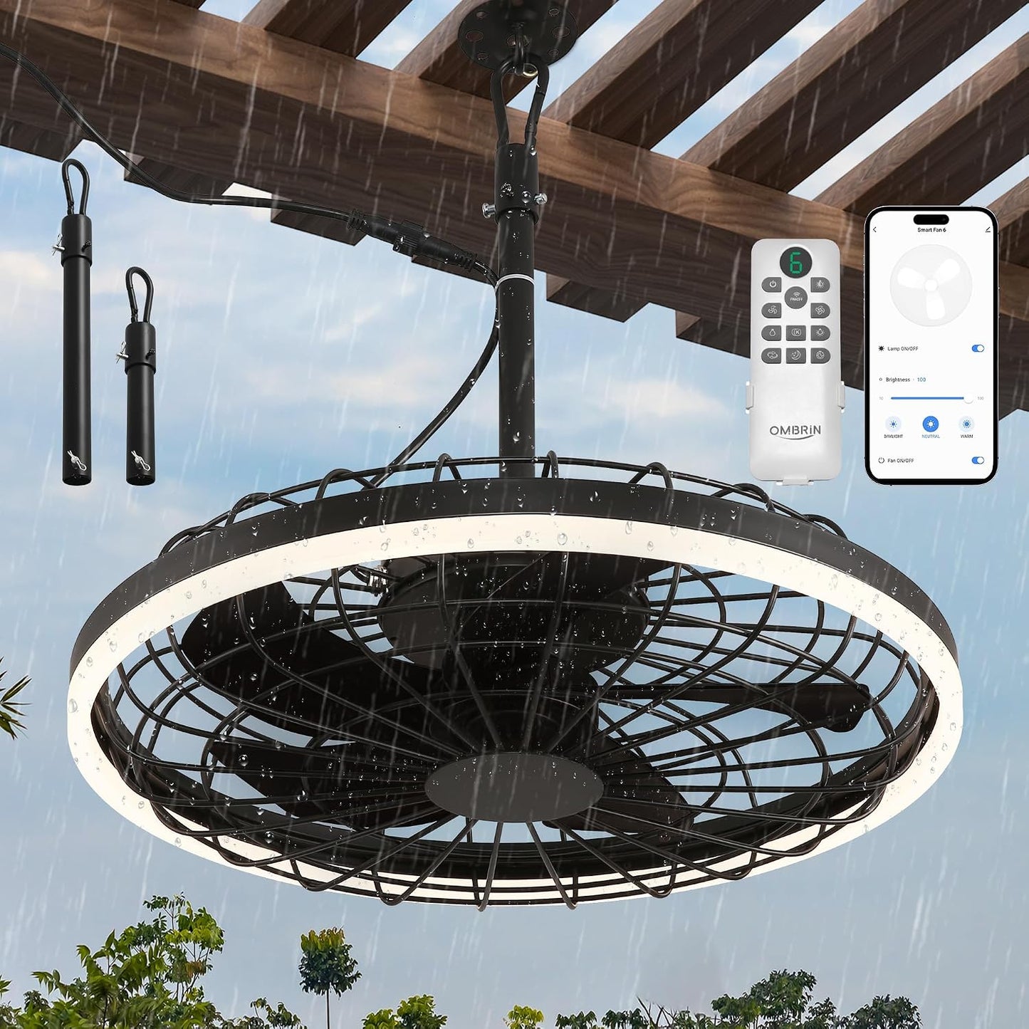 20" Gazebo Fan With Light Waterproof Ceiling Fan,5 Blade,Dimmable Color,3CCT,Alexa/Google,Black Plug In Caged Outdoor Fan for Patio Backyard Family Reunions Parties