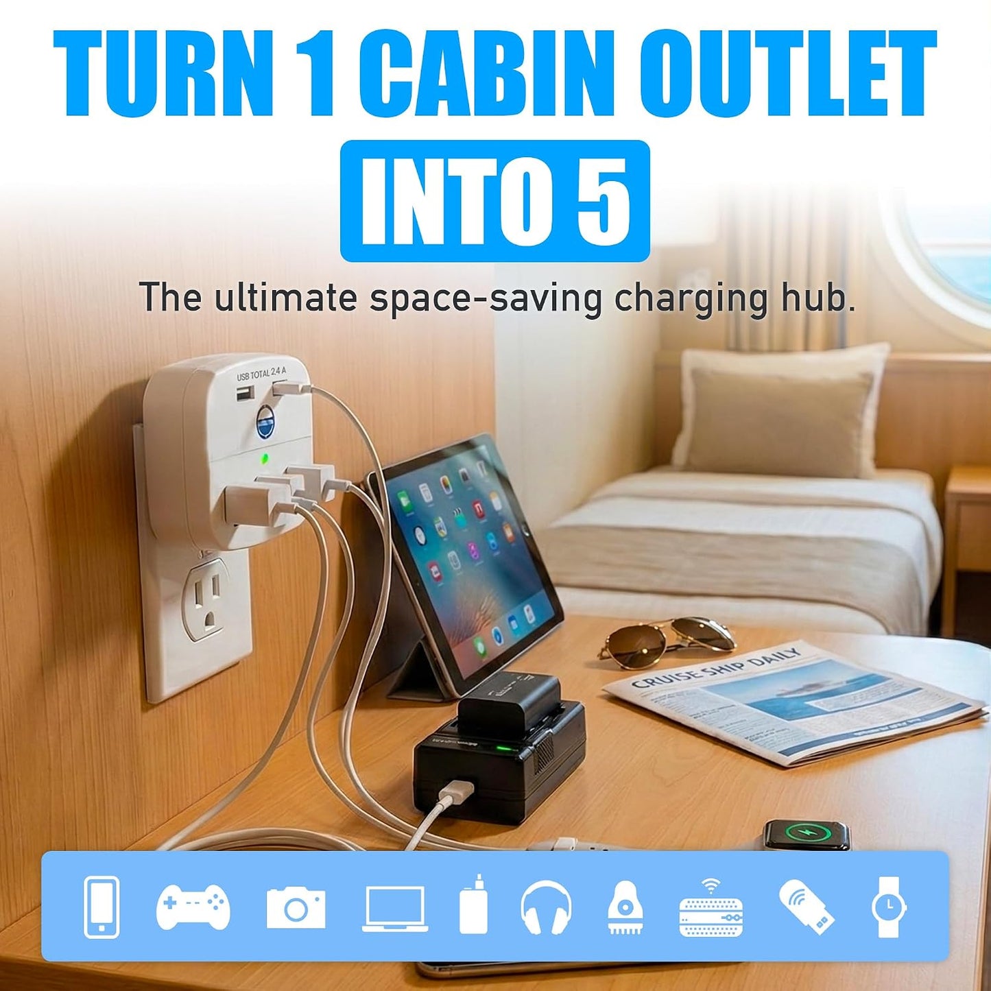 Cruise Approved Power Strip - Non Surge Protector for Cruise Ship with 2 USB Outlets - Cruise Ship Essentials 2026 for Carnival, Princess, Norwegian, Holland America, MSC & Major Cruise Lines (White)
