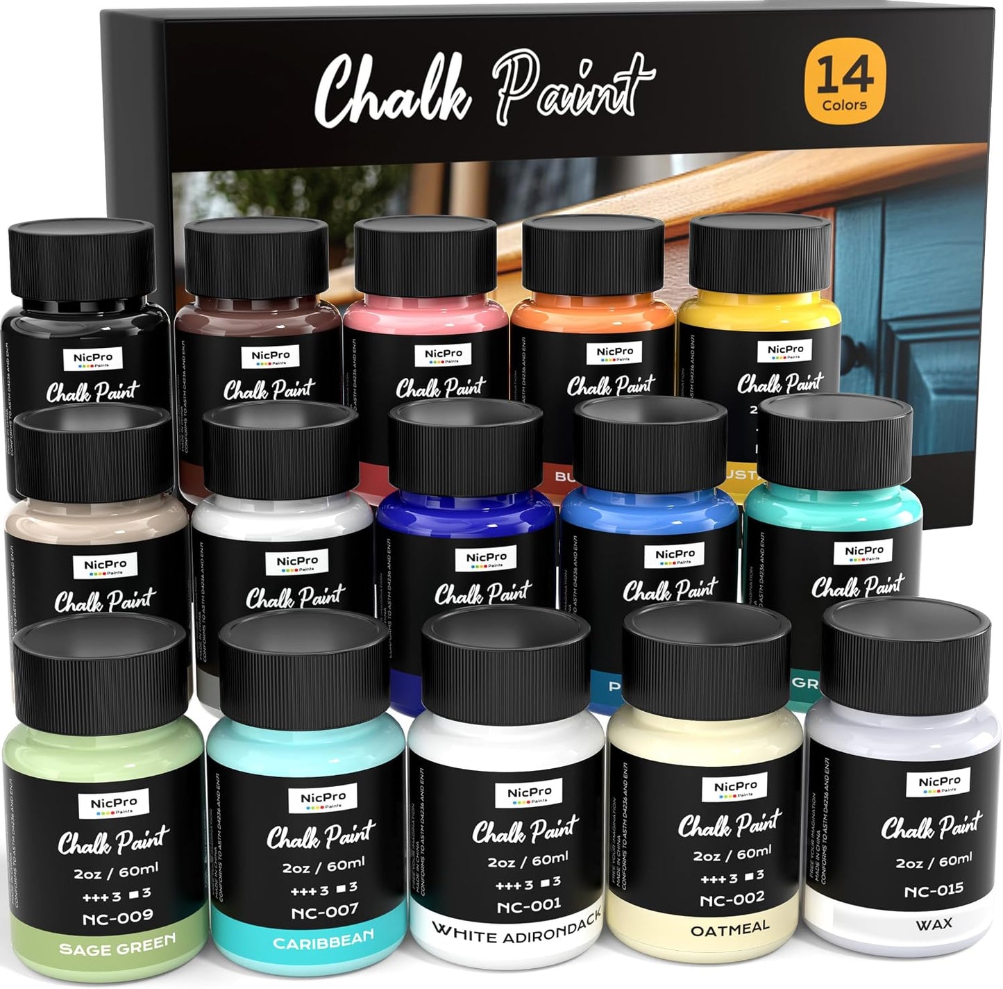 Nicpro 14 Colors Matte Chalk Paint for Furniture with Liquid Wax, 2 oz/60ml | Ultra Matte Finish, Quick Dry, Craft Paint, Home Decor for Wood, Cabinet, Non-Toxic Acrylic Paint Set for Beginner and Artist