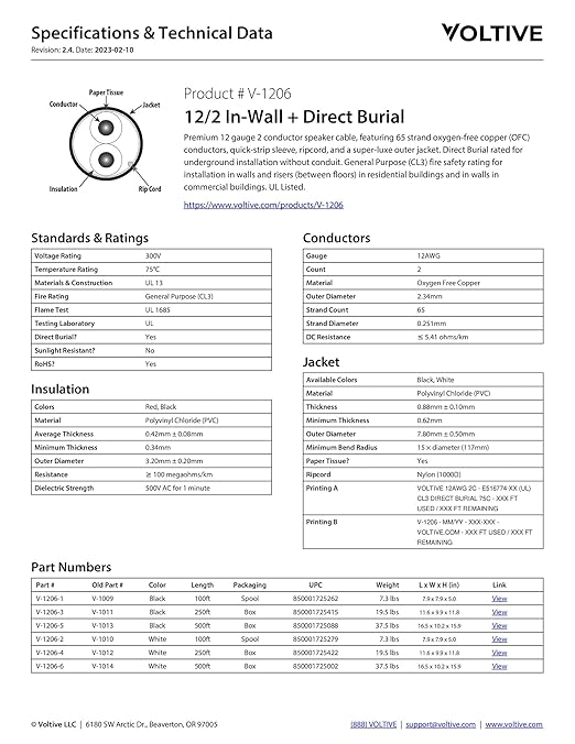 Voltive 12/2 Speaker Wire, in-Wall CL3 & Direct Burial, 100ft - Image 4
