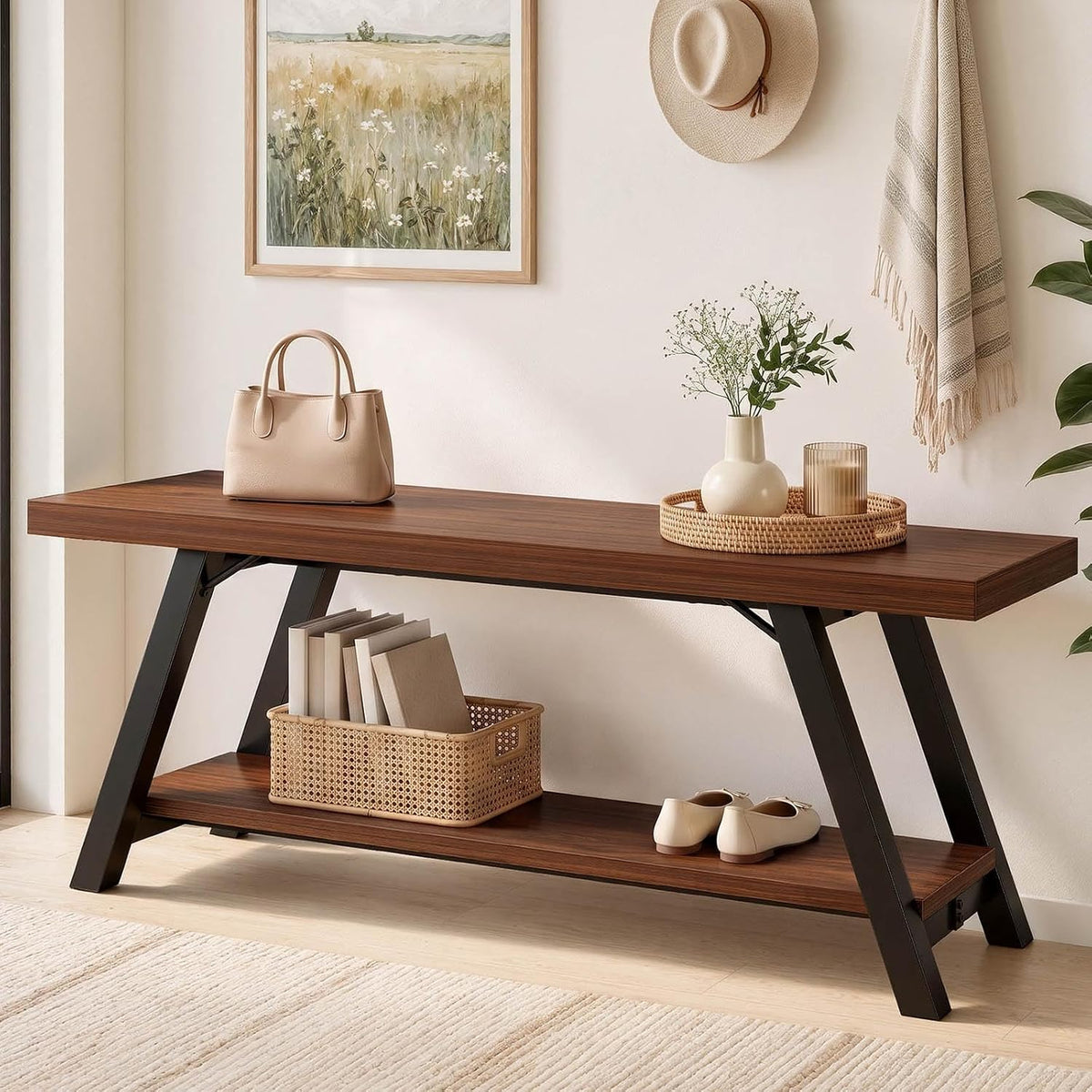 lvb industrial entryway bench with storage, wood and, main product view