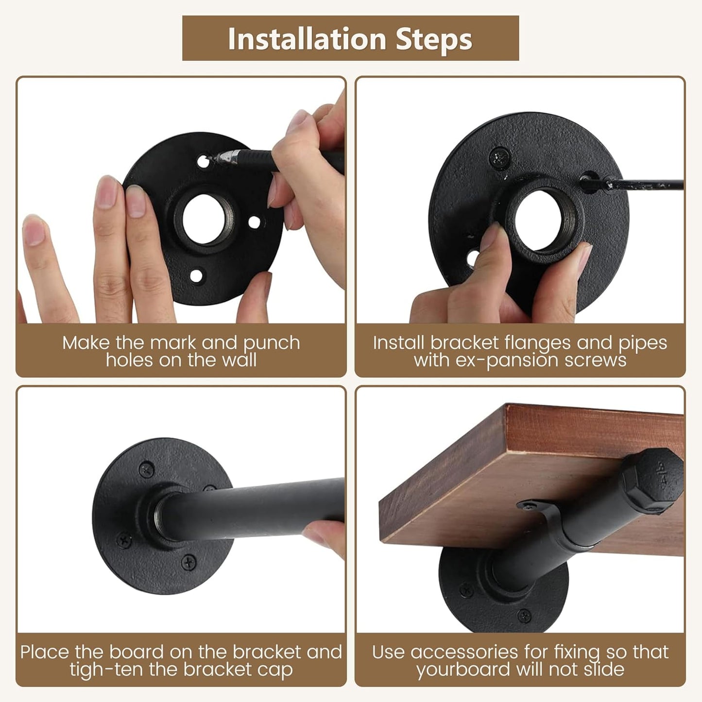 Industrial Pipe Shelf Brackets 8-Pack 14 Inch - Heavy Duty Black Iron for 8"-14" Wood-Wall Mount Floating Shelves Kit with All Hardware Included,Pipe Shelving Brackets , Black DIY Pipe Shelves