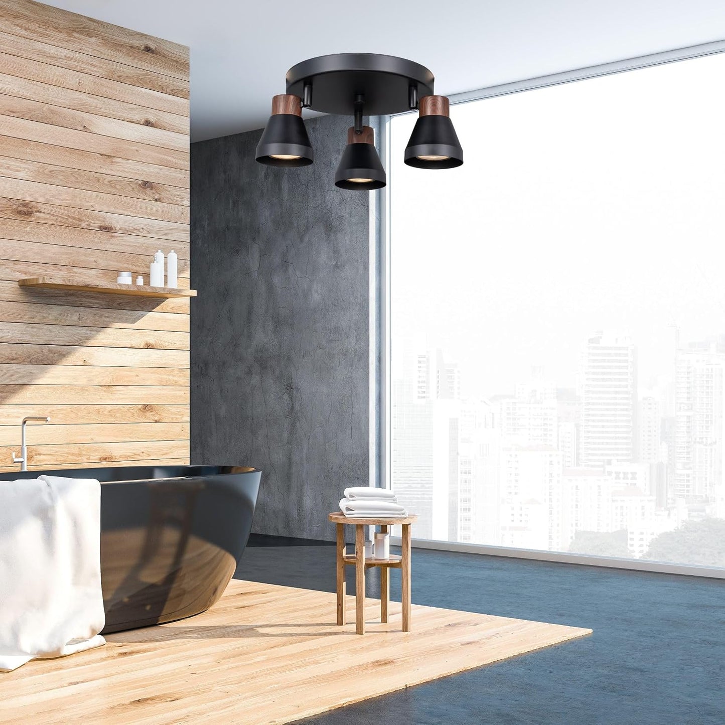 3-Light Modern Track Lighting Kit Black Faux Wood Accent,Adjustable GU10 Flush Mount Ceiling Fixture Pivot Multi-Directional Round Spotlight for Kitchen Bedroom Living Room Home Improvement