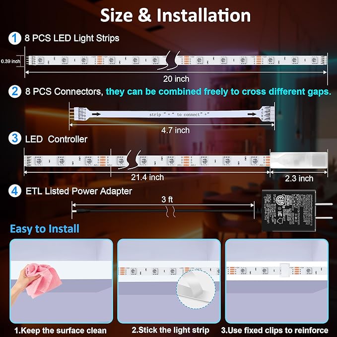 LAFULIT 8 PCS RGB Under Cabinet Lights Kit, App and Remote Control Led Strip - Image 6