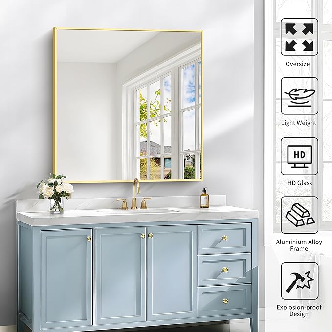 Gold Bathroom Mirror for Wall, 30x30 Inch Rectangle Mirrors - Image 5