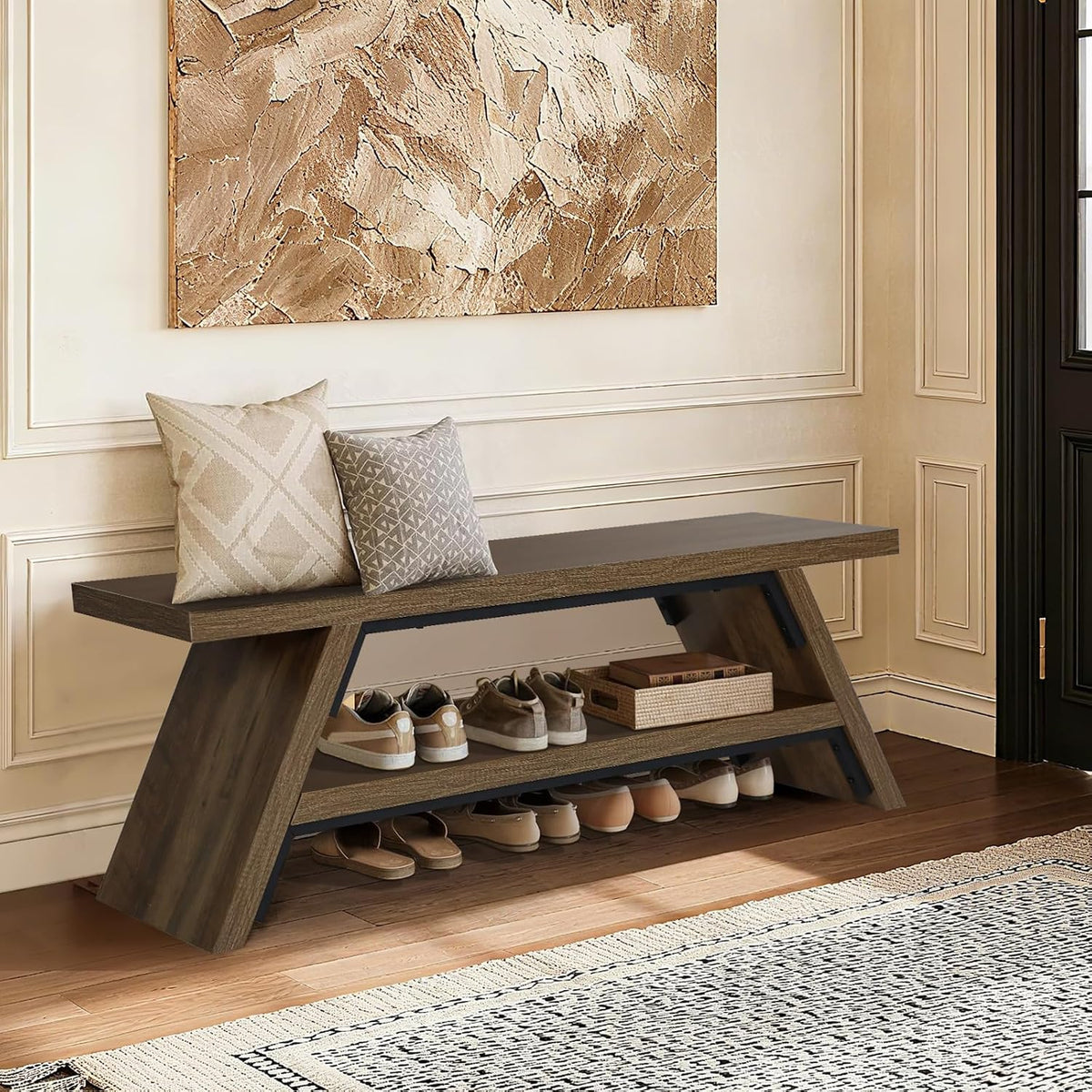 2-tier shoe storage bench, solid wood entryway stool, main product view