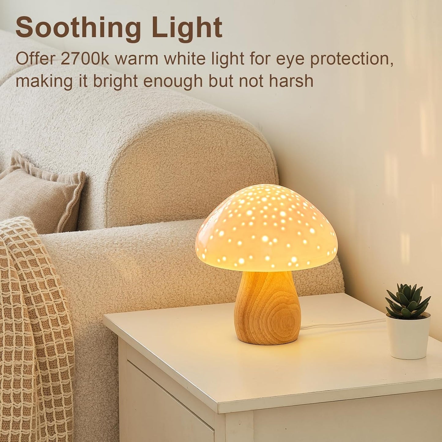 BOHON Mushroom Lamp Ceramic Bedside Table Lamp, Pink | Vintage Cute Night Light Small Aesthetic Nightstand Lamp for Living Room Bedroom Kids Desk Home Decor, LED Bulb Included