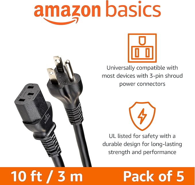 Amazon Basics PC Power Cord, 10 feet, AC Power Cord - Image 2