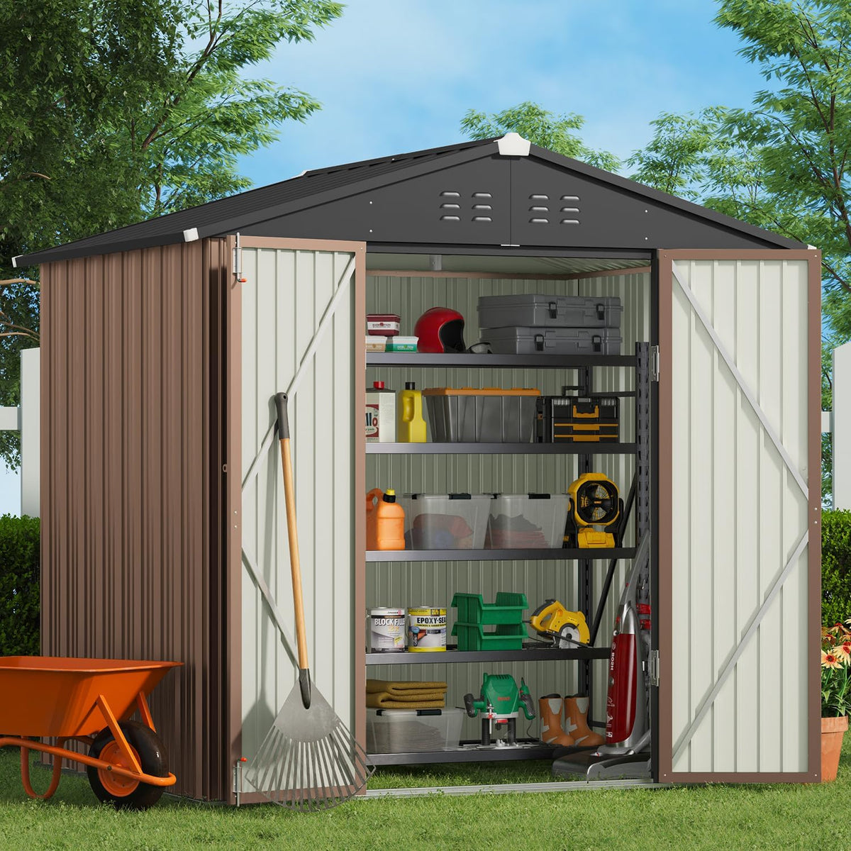 gizoon 8 x 6 ft outdoor storage shed shown in use