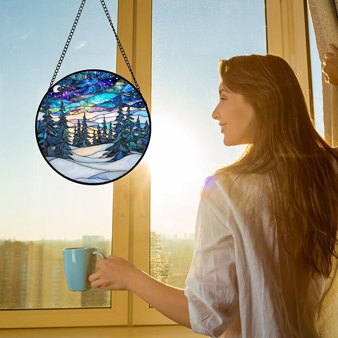 DASTOLL Stained Glass Window Hanging, Starry Sky Trees and Snow Sun Catchers - Image 2