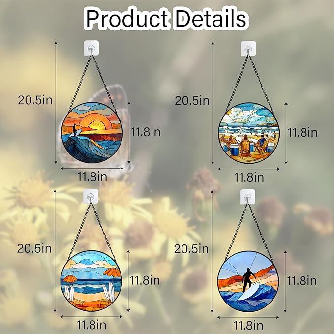 AMDERVEN Stained Glass Window Hanging 4 Pcs Set Blue Ocean Surfing Beach Large - Image 6