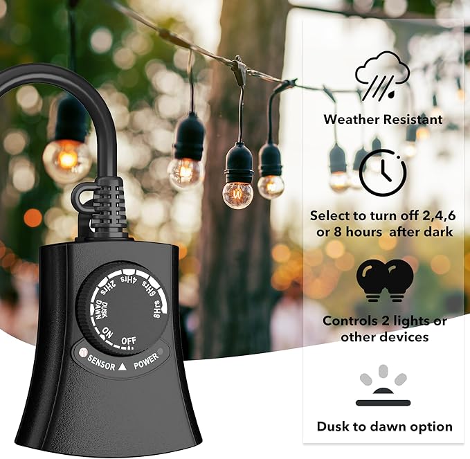 HBN Outdoor Light Timer Waterproof, Weatherproof Photocell Dusk to Dawn Light - Image 3