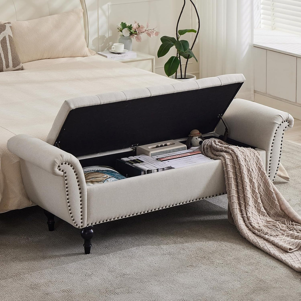 storage ottoman bench, 64" upholstered entryway bench, beige, main product view
