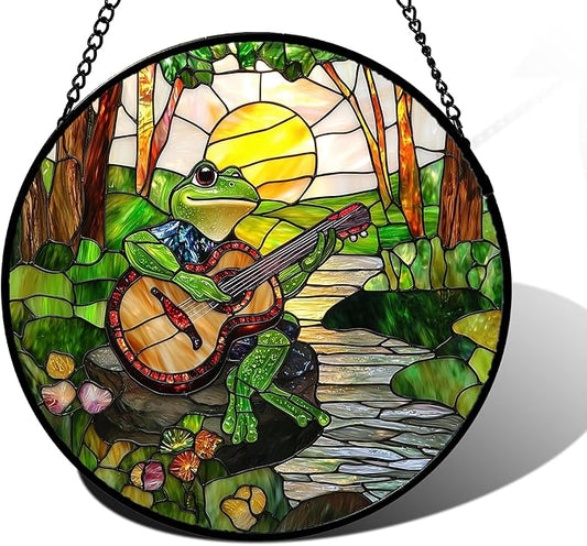 DASTOLL Stained Glass Window Hanging, Frog Playing Guitar Suncatcher Diamond by DASTOLL