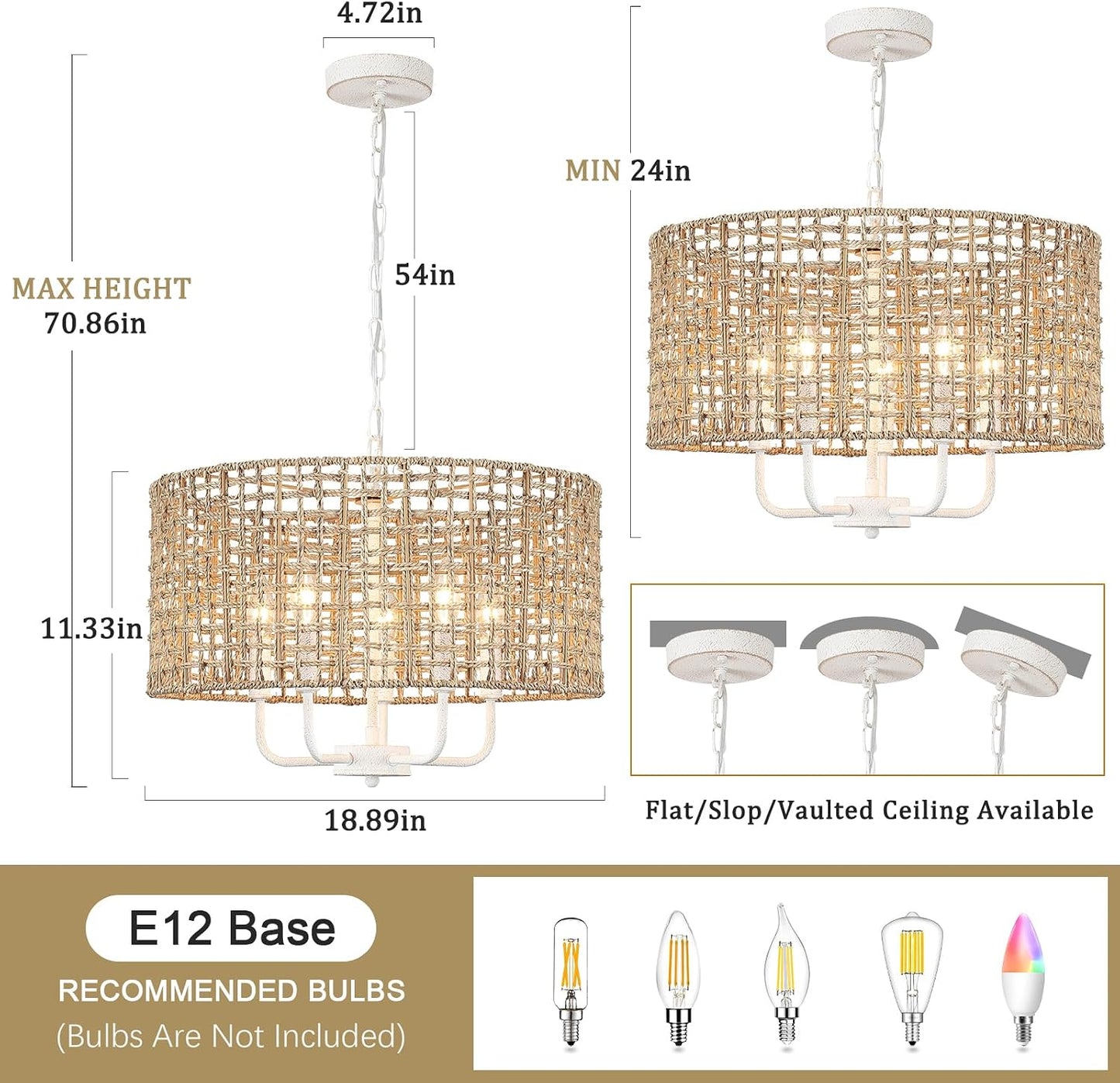 Rattan Chandelier 5-Light Farmhouse Boho Pendant Light Fixture for Dining Room Brown and White Woven Chandeliers for Ceiling Light,Bedroom,Living Room,Foyer,Kitchen Island,Coastal,Stairway,Hallway