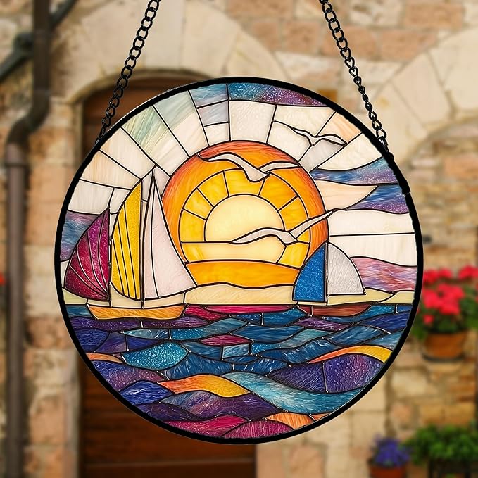 DASTOLL Stained Glass Window Hanging, Sailboat and Waves Suncatcher Diamond - Image 2