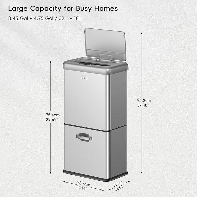 EKO Vintage 50L / 13.2 Gallon Motion Sensor Trash Can, Dual Compartment 32L + - Image 2