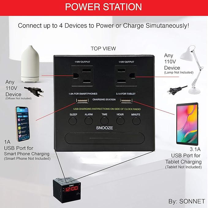 Sonnet Alarm Clock Charging Station, AM FM Radio, Dual USB Charging Ports - Image 3