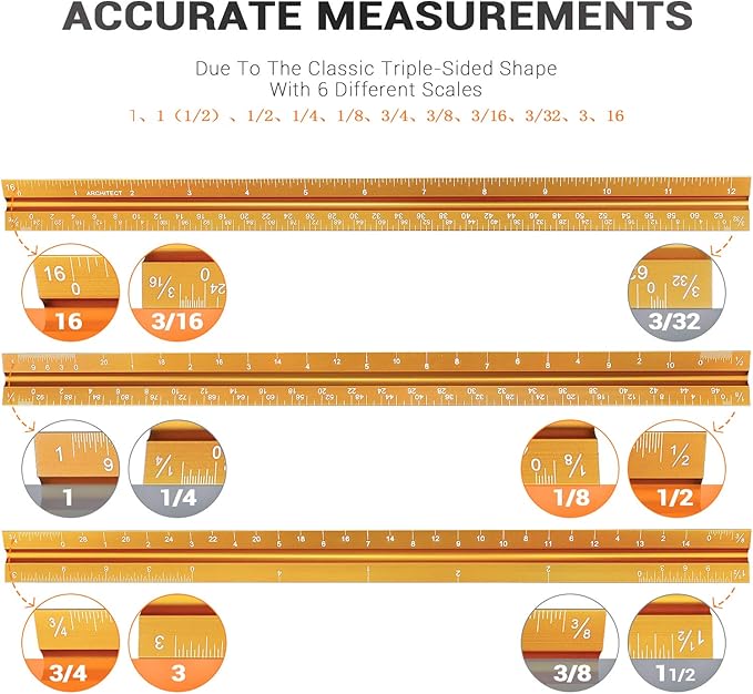 12" Architectural Scale Ruler Aluminum Architect Scale Triangular Scale Ruler - Image 3