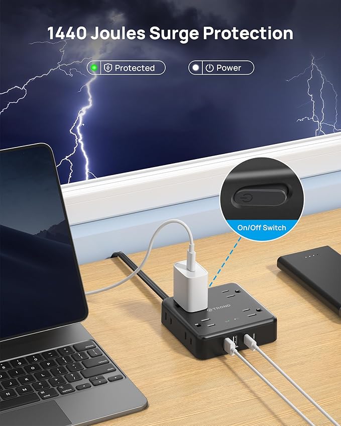 TROND 360° Rotating Flat Plug Power Strip, 5FT Flat Extension Cord - Image 6