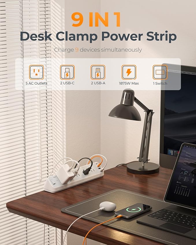 TESSAN Desk Clamp Power Strip 6 Ft, 2100J Surge Protector, 5 Outlets and 4 USB - Image 4