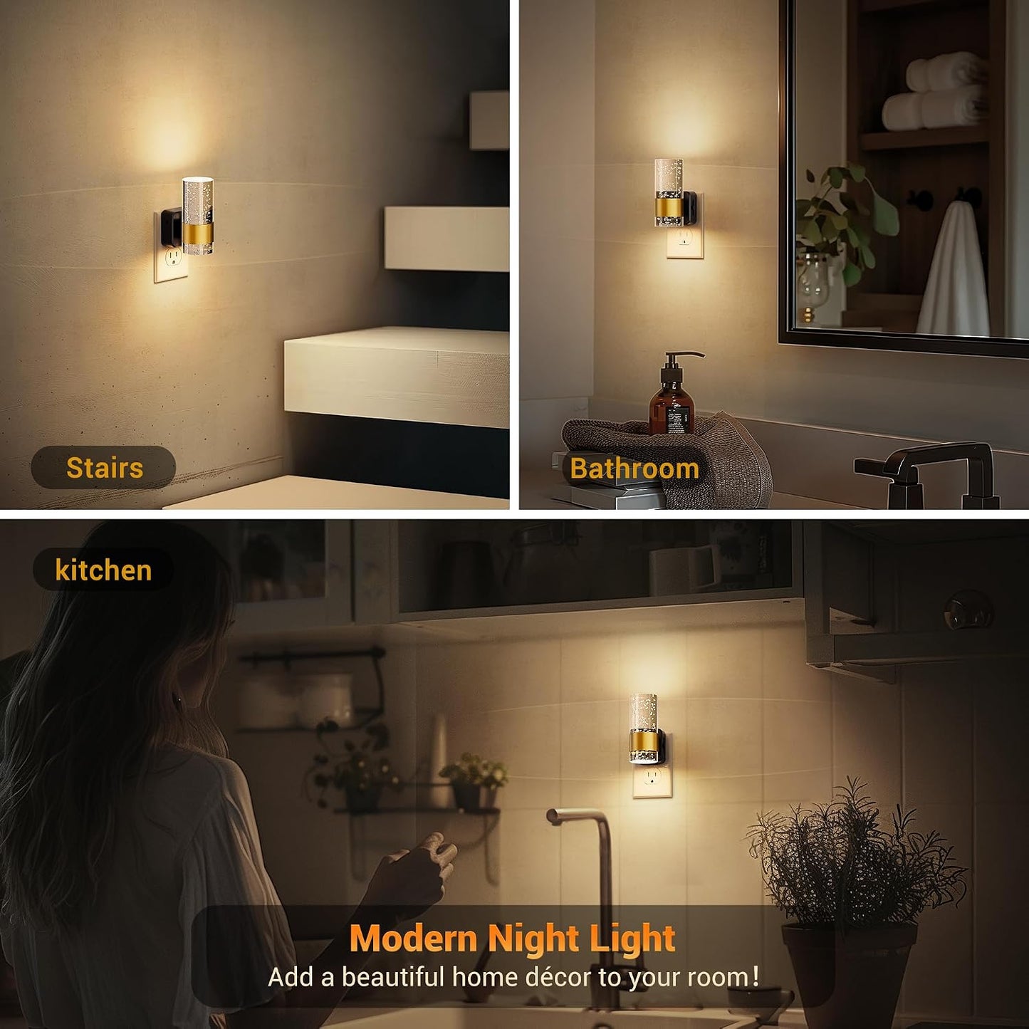 JandCase Night Light, Night Lights Plug into Wall, 2 Pack 3000K | Dimmable LED Night Light, Adjustable Brightness, Automatic Night Lights Plug in, Auto Light Sensor, Bathroom Hallway Decor