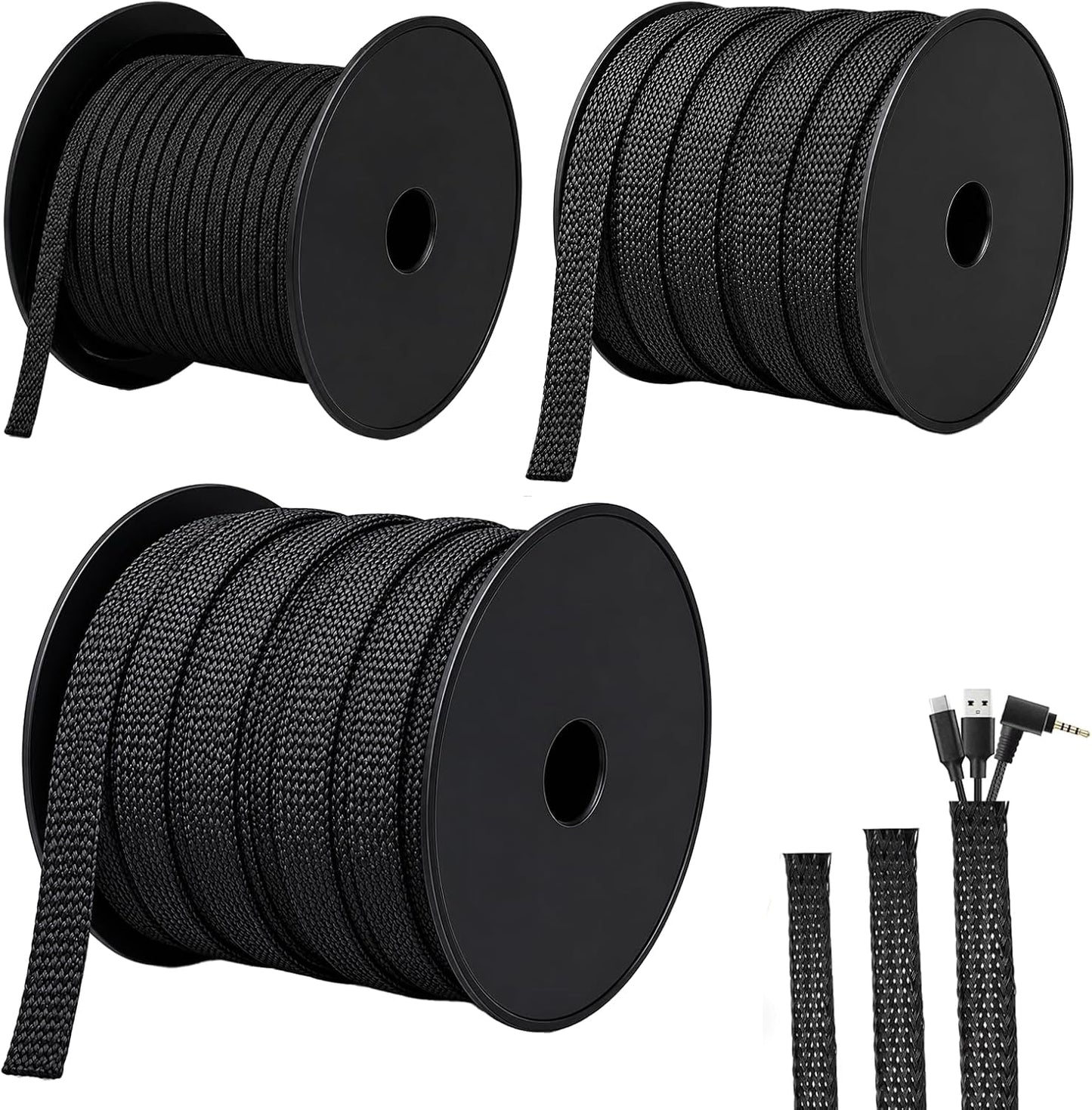 300 Feet - 1/4,1/2,3/8 Inch Braided Wire Loom PET Cable Loom Expandable Braided Sleeving Wire Sleeve for Automotive，TV, Computer, Home Theater, Black