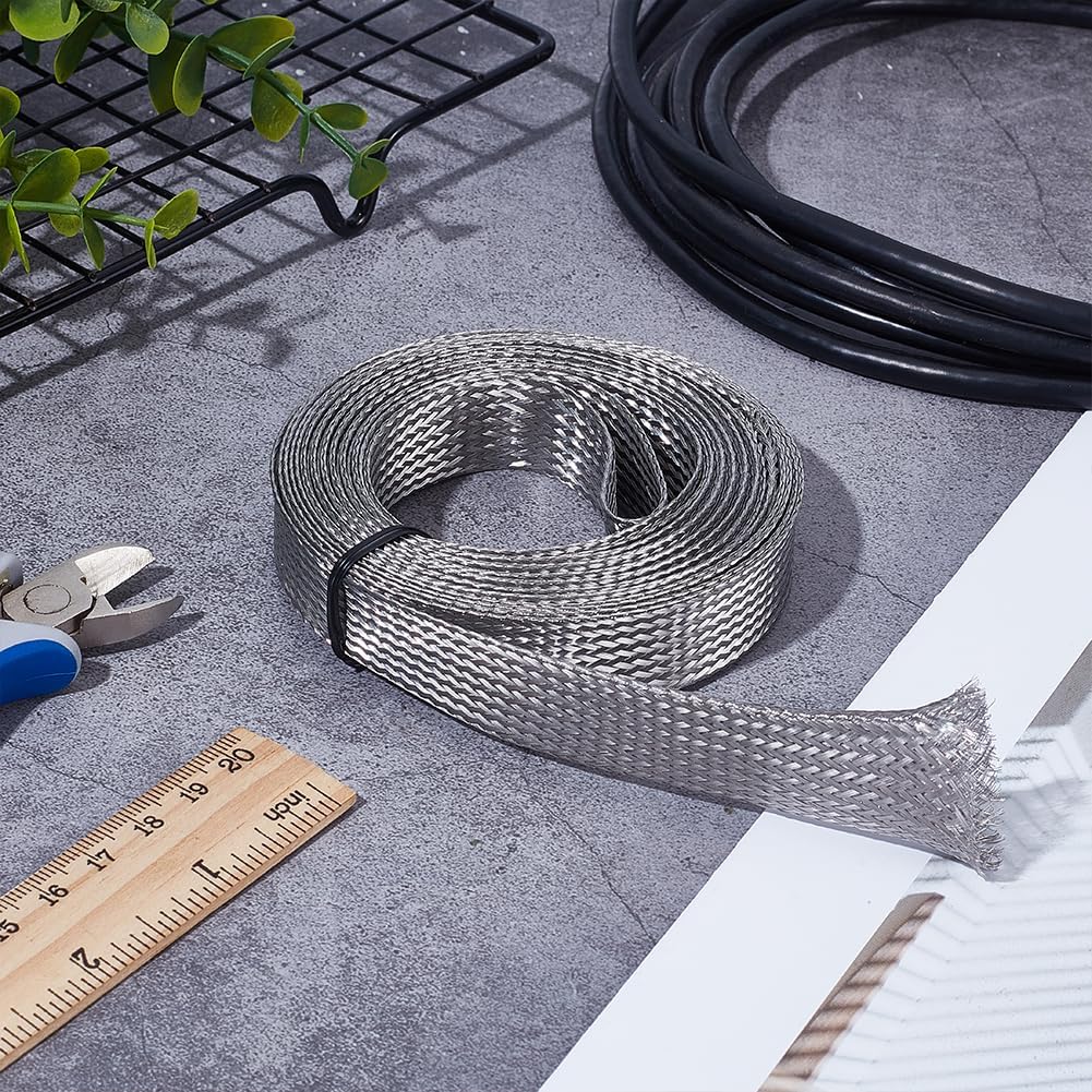 UNICRAFTALE 13.12ft(4m) 0.7" W Braided Sleeving Braid Stainless Steel Cable Wire Shielding Sleeve Ground Straps Protection Flat Metal Mesh Flexible Expandable Scalable Ribbon Wire for Protect Cable