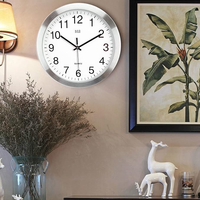 HITO 12 Inch Silent Wall Clock Battery Operated Non Ticking Glass Cover Silver - Image 8