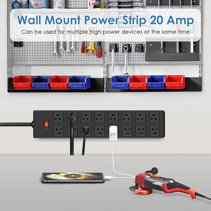 JUNNUJ Heavy Duty 20 Amp Power Strip, Garage 16 Outlets Metal 12 Gauge Surge - Image 4
