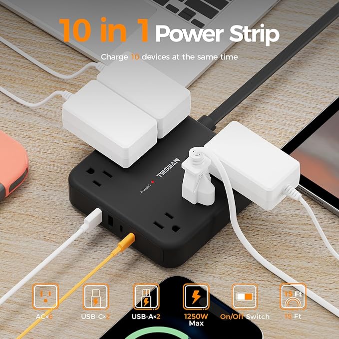 TESSAN Flat Plug Extension Cord 15 Ft, 2100J Surge Protector Power Strip - Image 2