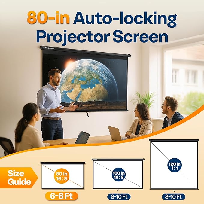 VIVOHOME 80 Inch 16:9 Pull Down Projector Screen, HD 4K Retractable Movie Screen - Image 2