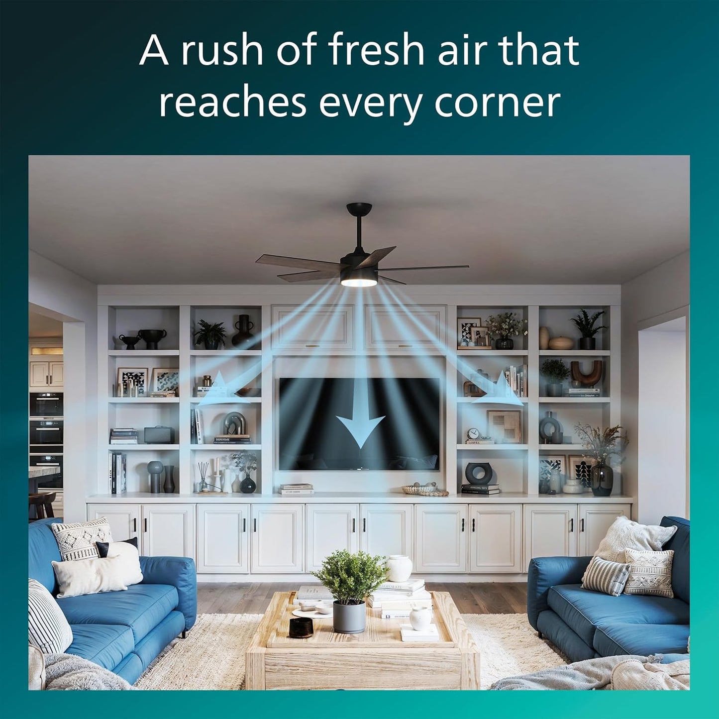 PHILIPS Indoor Ceiling Fan, Dark, with Bright LED Light, 2650 lm, 5 Blades, 5400 CFM, 6 Speeds, 2 Airflow Modes, Selectable White Light, Dimmable, Reversible Blades