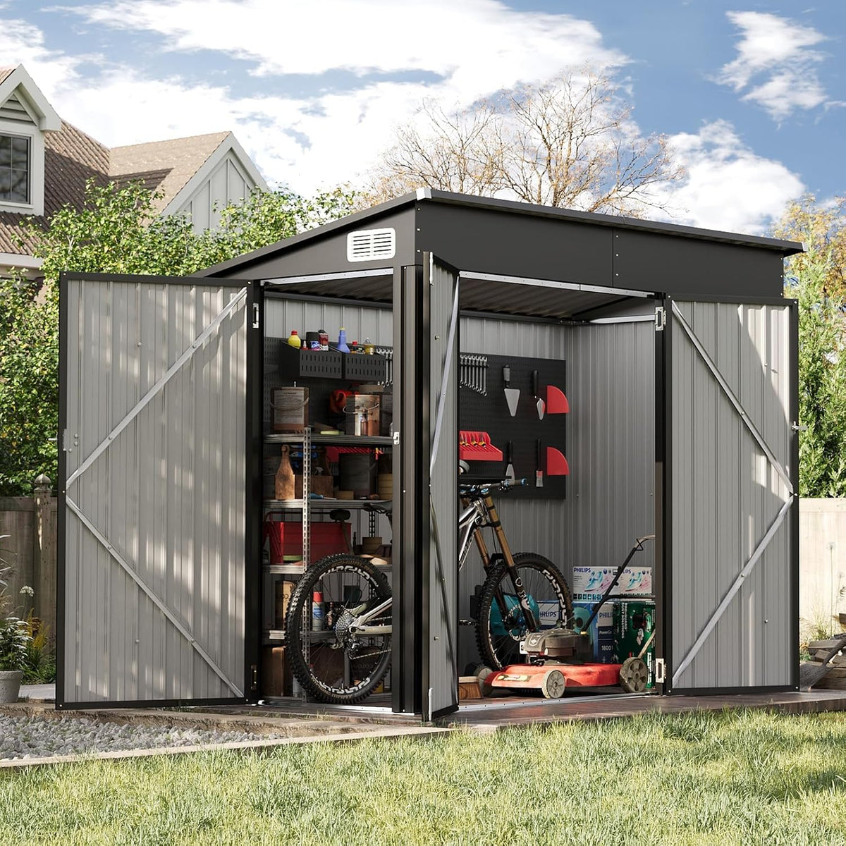 7.5'x4' outdoor shed with 3-lockable door black, main product view