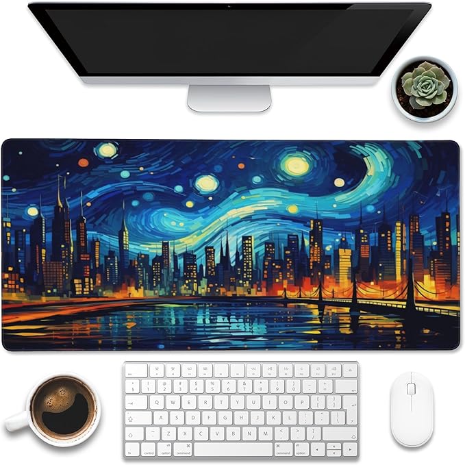 Eflxamz Desk Pad, City Starry Night Desk Mat, Abstract Oil Painting Large by Eflxamz