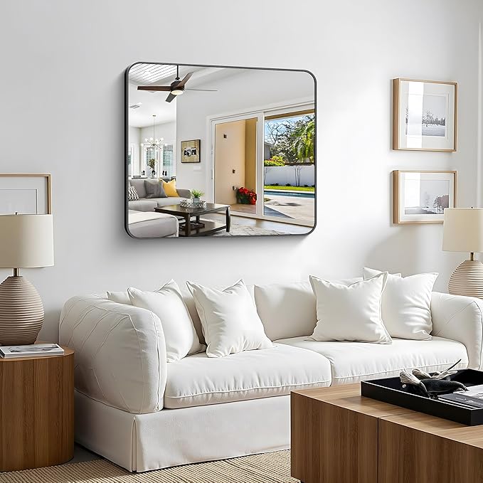 Bathroom Mirror, 36 x 30 inch Metal Framed Black Rectangle Mirror, Rounded - Image 2