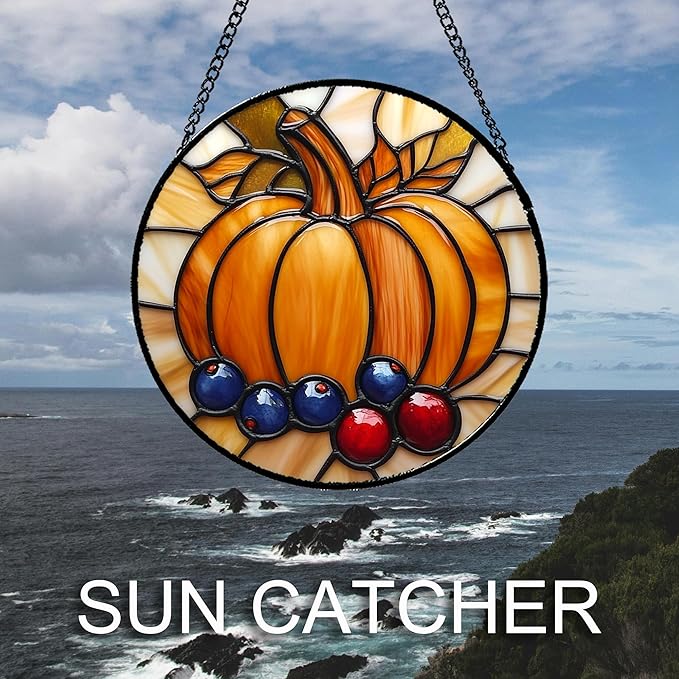 DASTOLL Stained Glass Window Hanging Fall Pumpkin Berries Large 11.8" - Image 2