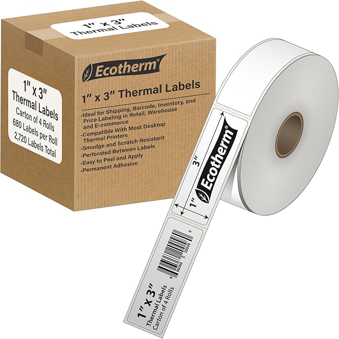 1" x 3" Thermal Labels | 4 Rolls | 2720 Labels | fits Zebra, Offnova Thermal by EcothermProducts