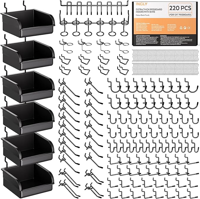 INCLY 220PCS Extra Thick 1/4" Pegboard Accessories Organizer Kit, Heavy Duty by INCLY
