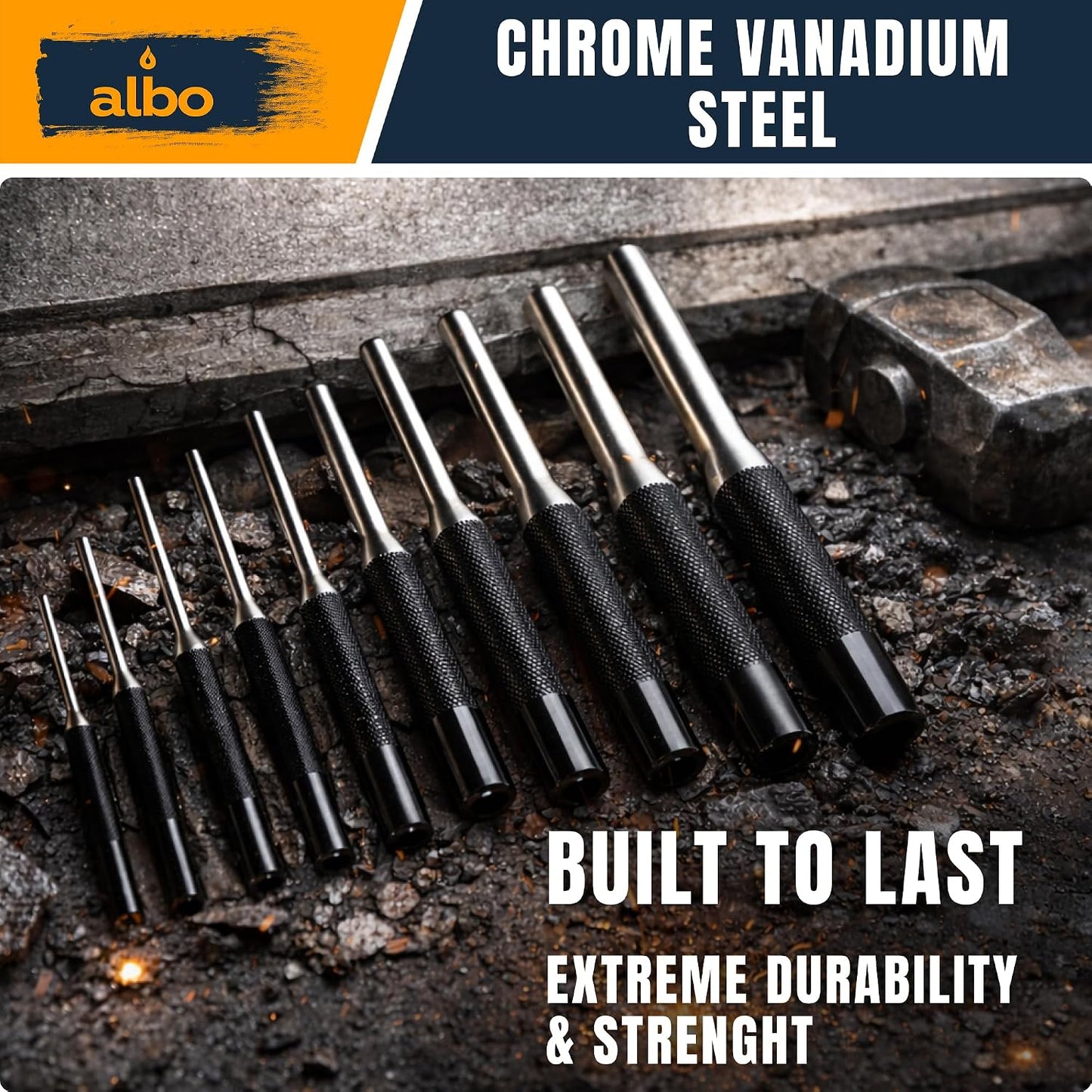 ALBO Roll Pin Punch Set, 9-Piece SAE 1/16–5/16 in, Chrome Vanadium Steel, Heat-Treated Pin Punch Kit with Knurled Handles, Roll-Up Storage Pouch, for Automotive & Small Machinery